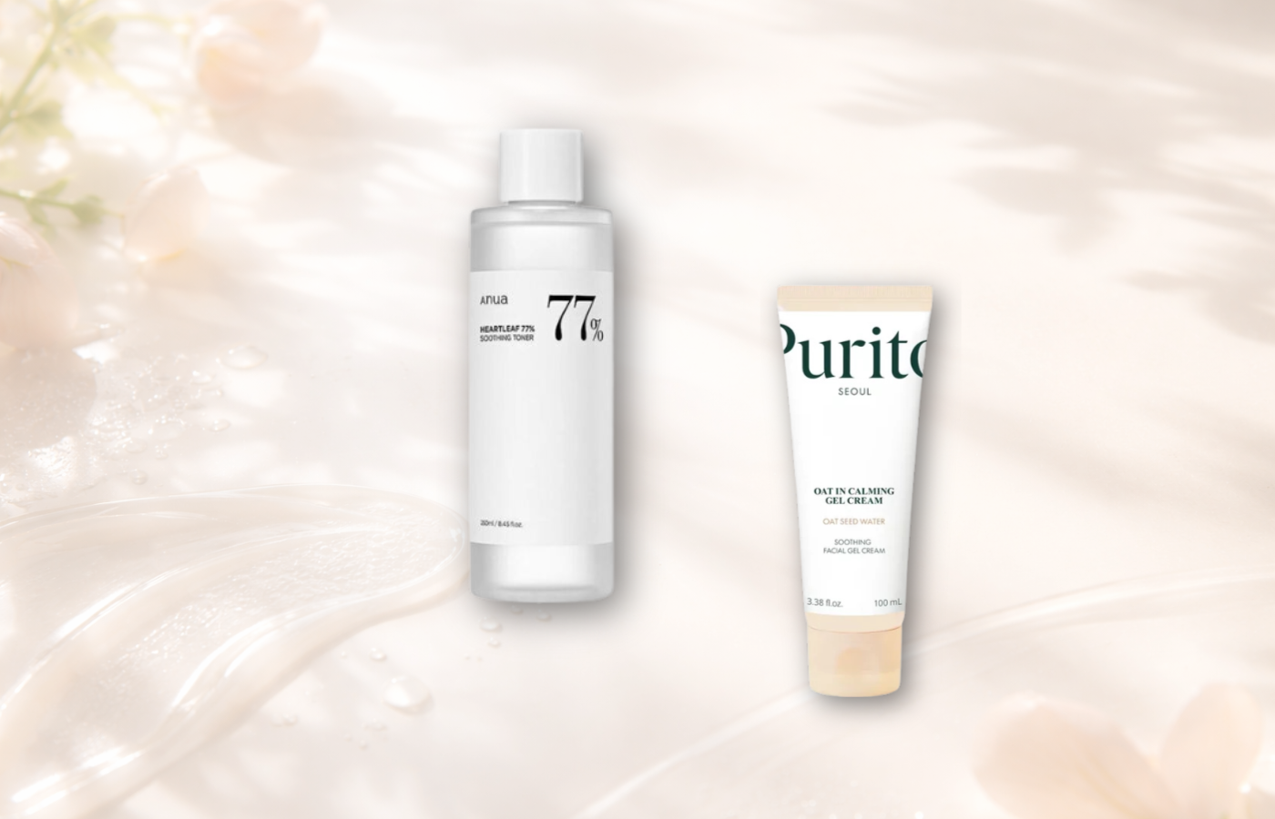 Jarní skincare vizuál s ANUA Heartleaf 77% Soothing Toner a PURITO Oat In Calming Gel Cream